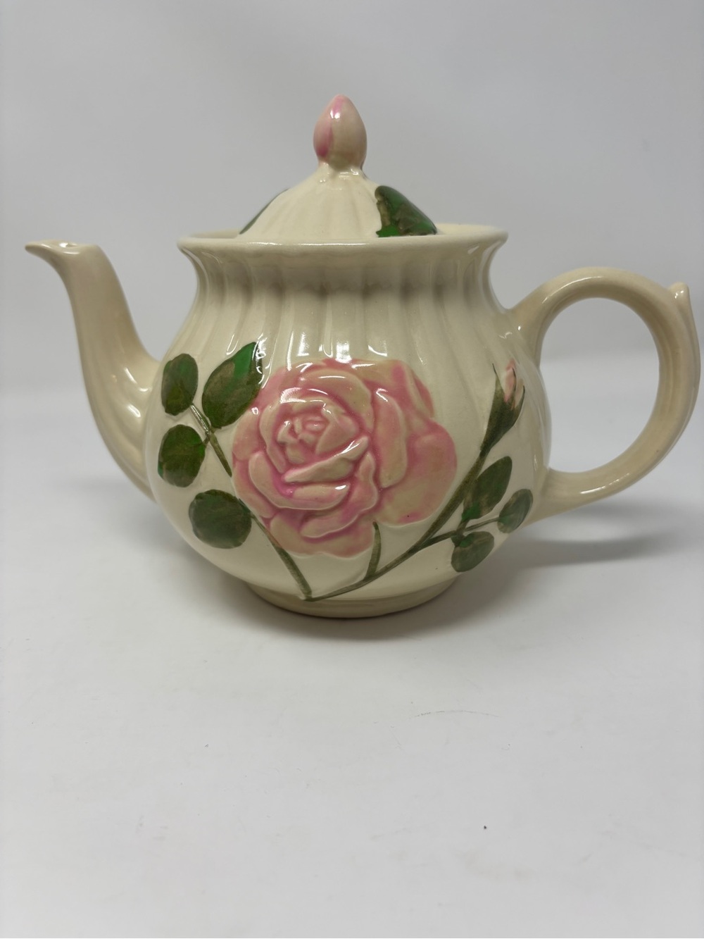 Vintage 1950s Shawnee Pottery Embossed Pink Rose Ceramic Teapot U.S.A.